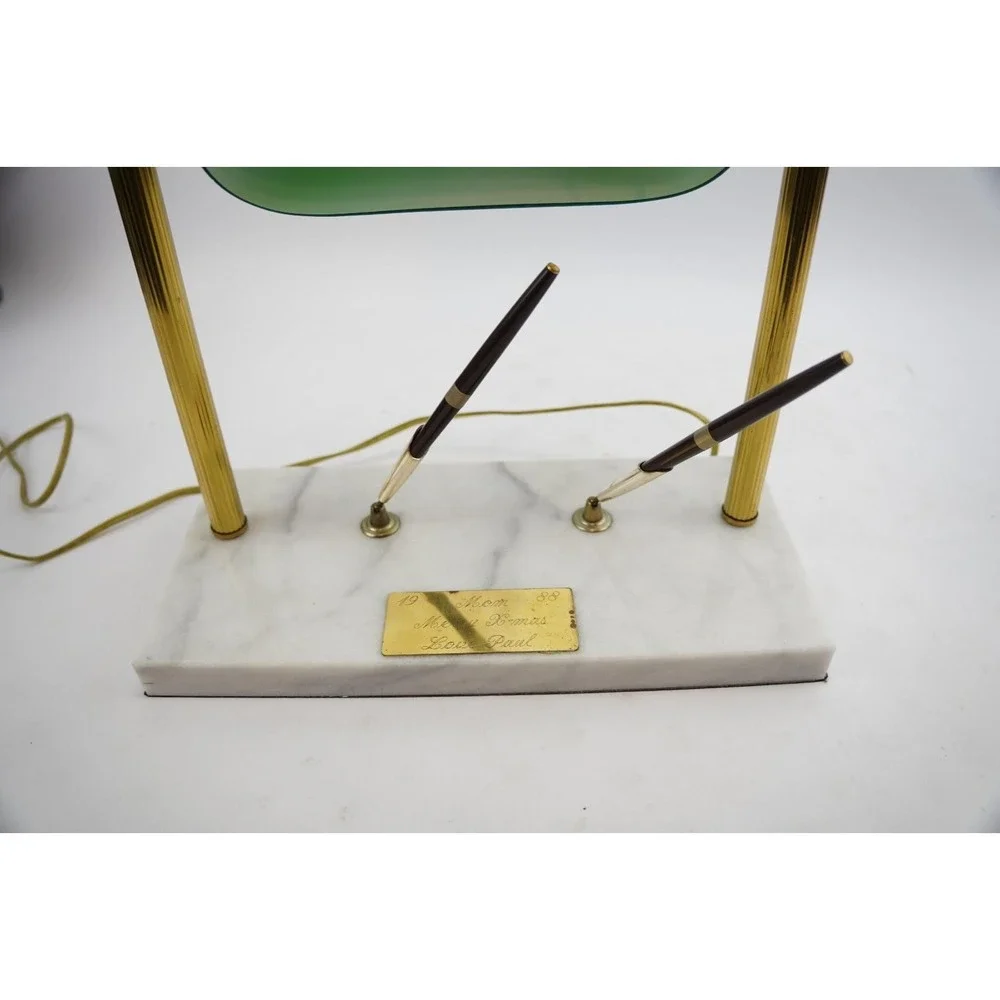 Vintage Bankers Lamp Green Glass Shade Marble Base Dual Pen Holder Desk‎ Light
